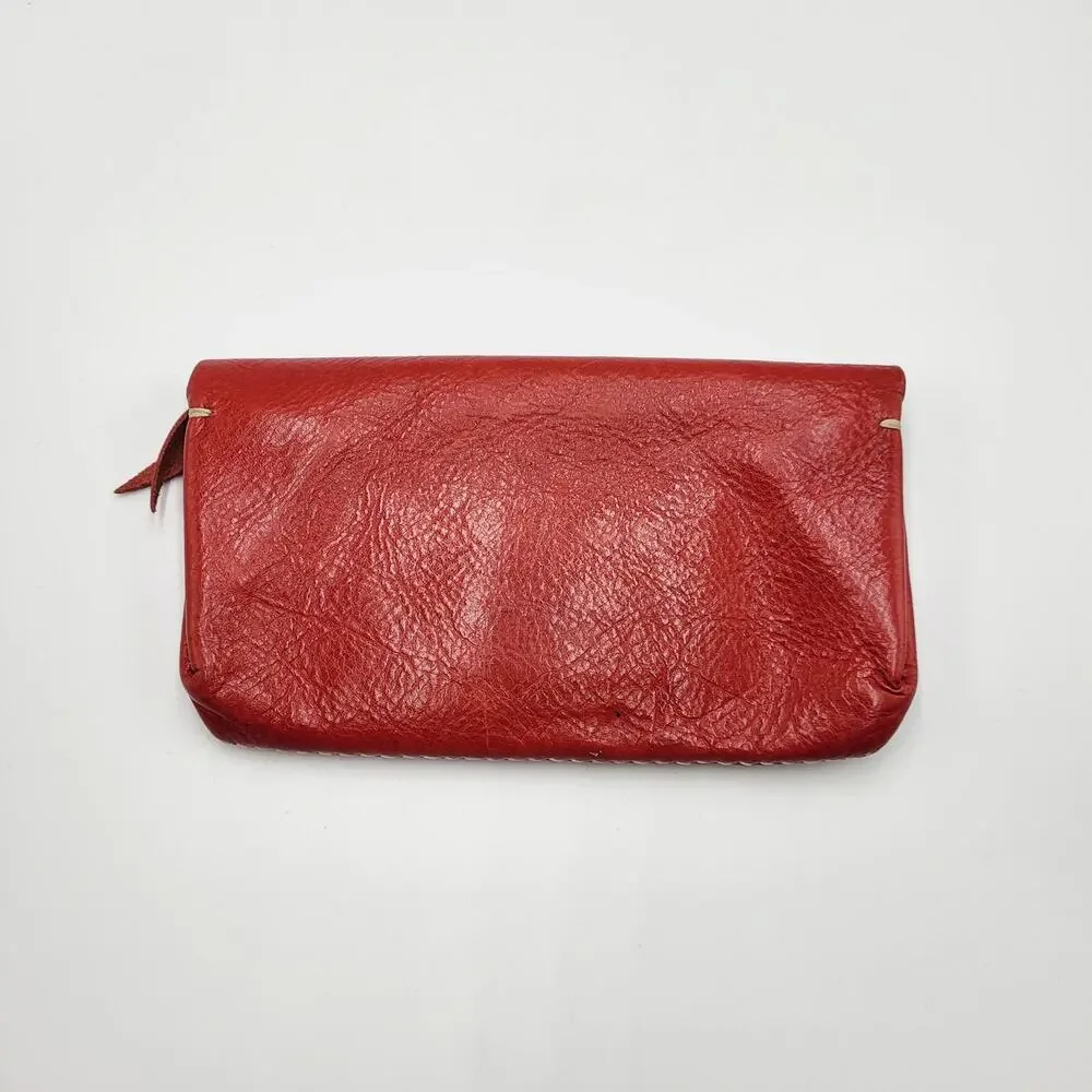 Fredd + Basha Red Leather Embroidered Daisy Snap Button Closure Accordion Wallet